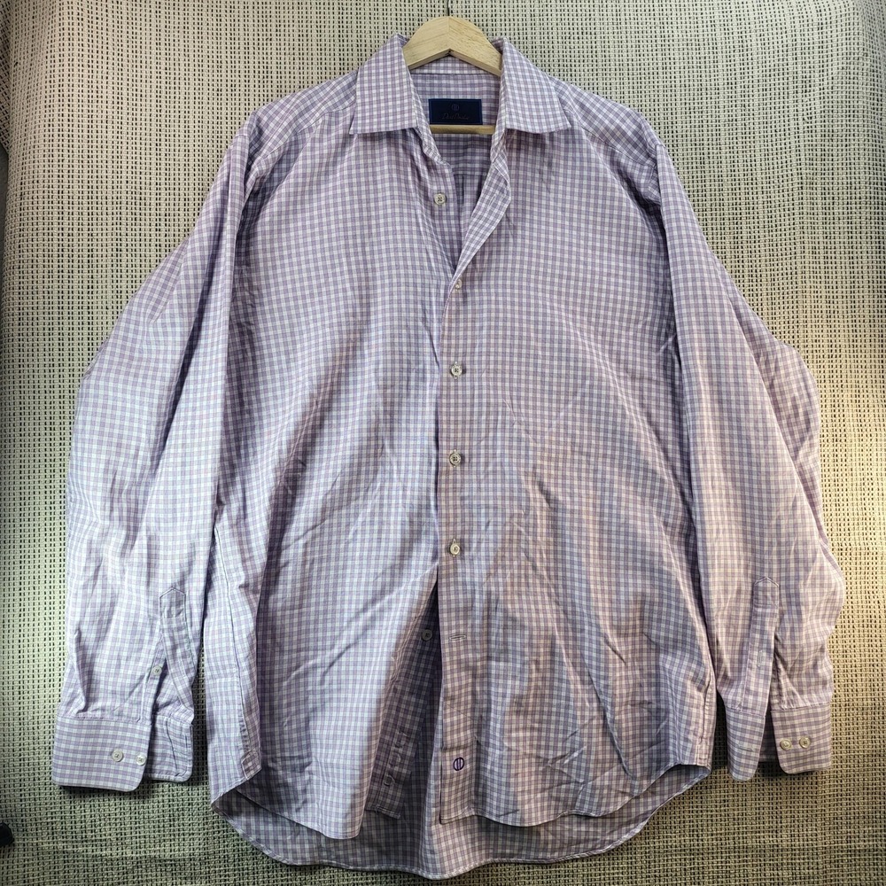 David Donahue Shirt Mens 16 34/35 Purple White Check Long Sleeve Button Front